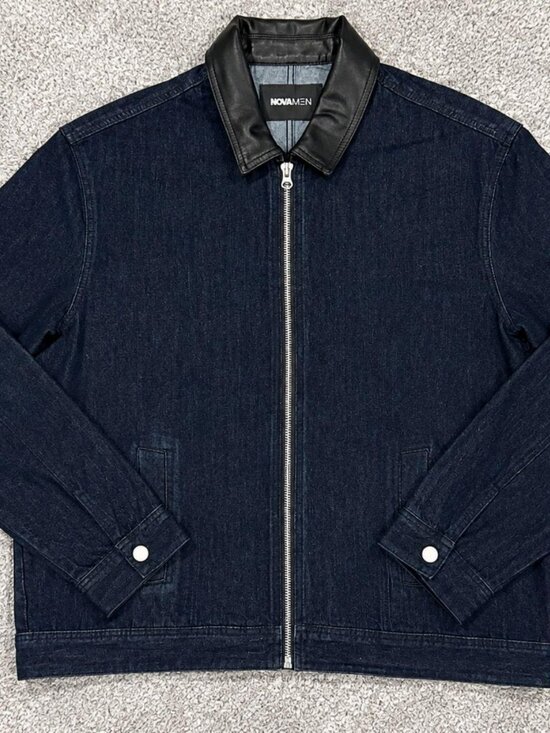 Fashion Nova Other - NOVA MEN Dark Wash Denim Zip Jacket Faux Leather Collar
